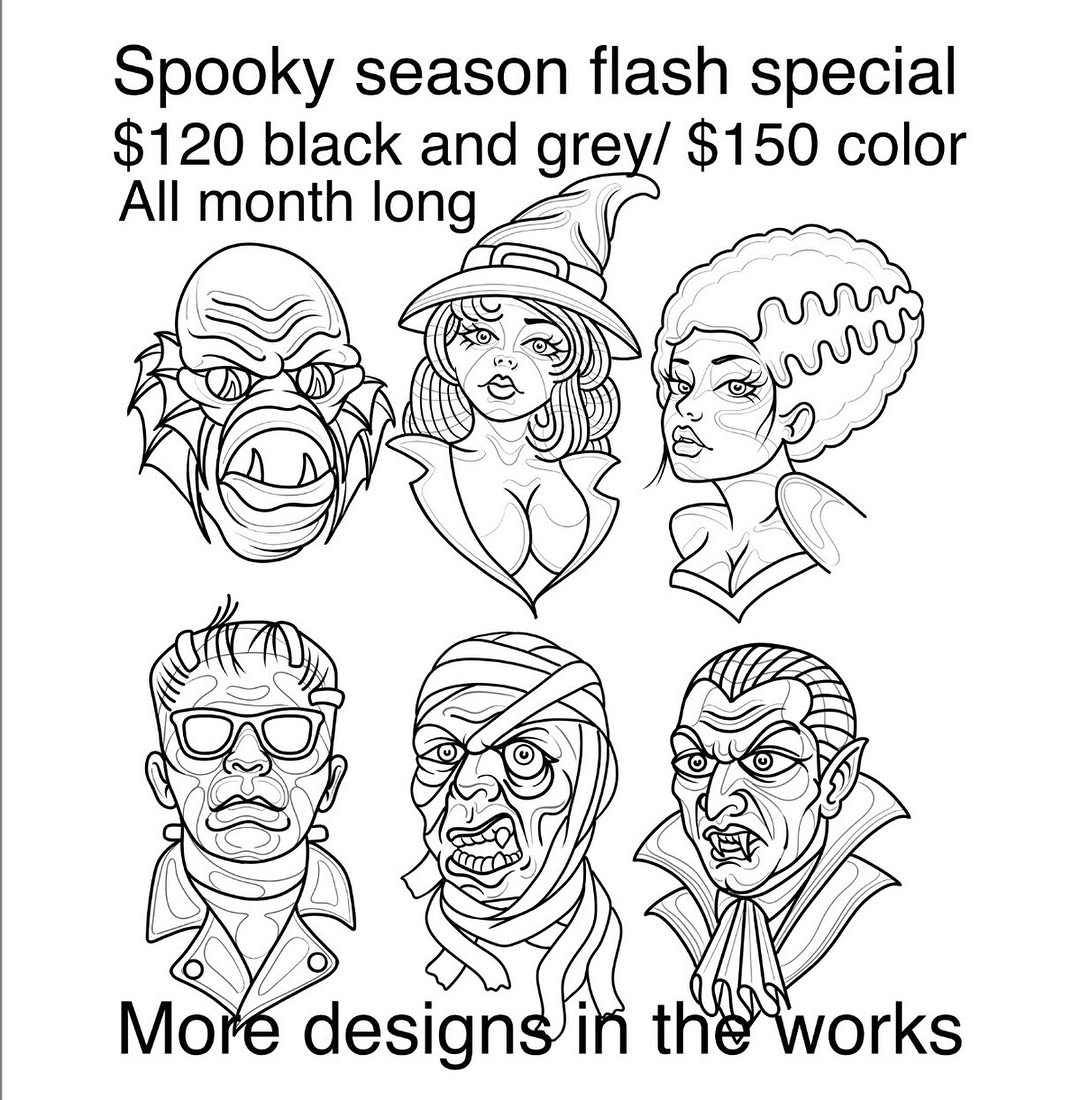 Spooky season flash alert! These and most likely other designs are available for the rest of October. $120 black and grey/ $150 color, arms and legs only.