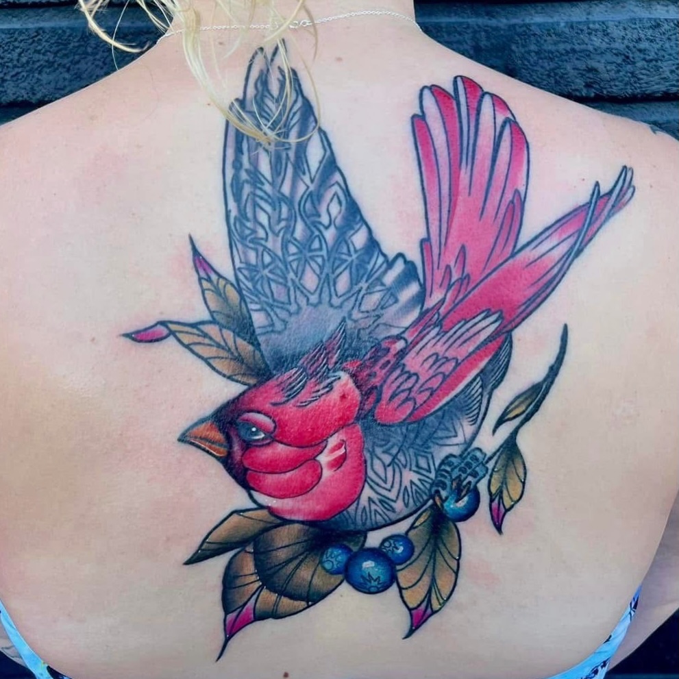 Check out this sweet cardinal piece with a little bit of geometric flair throw in for a touch of flavor by tat2xcr33p3r stop in and see him to set up your next piece