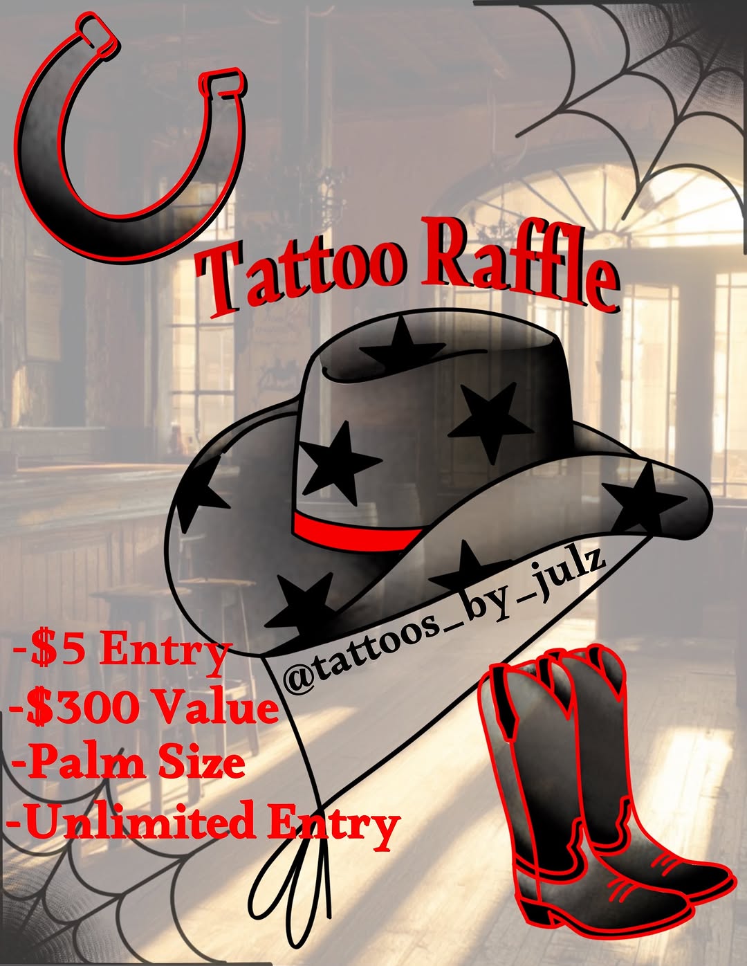 ATTENTION ALL COWBOYS AND COWGIRLS!!!! I’m excited to announce that I am raffling off this free traditional tattoo! ENTER AS MANY TIMES AS YOU WANT!! Each entry is $5, for 3 entries it will be $12. I am offering entries until October 1st and then that evening on the 1st I will choose a winner!! If not contacted by the winner within 48 hours I will redraw another winner.
All entries are non refundable
No changes to the design
Must be 18 and up
Must be following me tattoos_by_julz
Must leave a comment and like on this post
Must repost this post
(swipe to see the free design you can win) Please pay for your entries here - https://venmo.com/u/julina-mergen