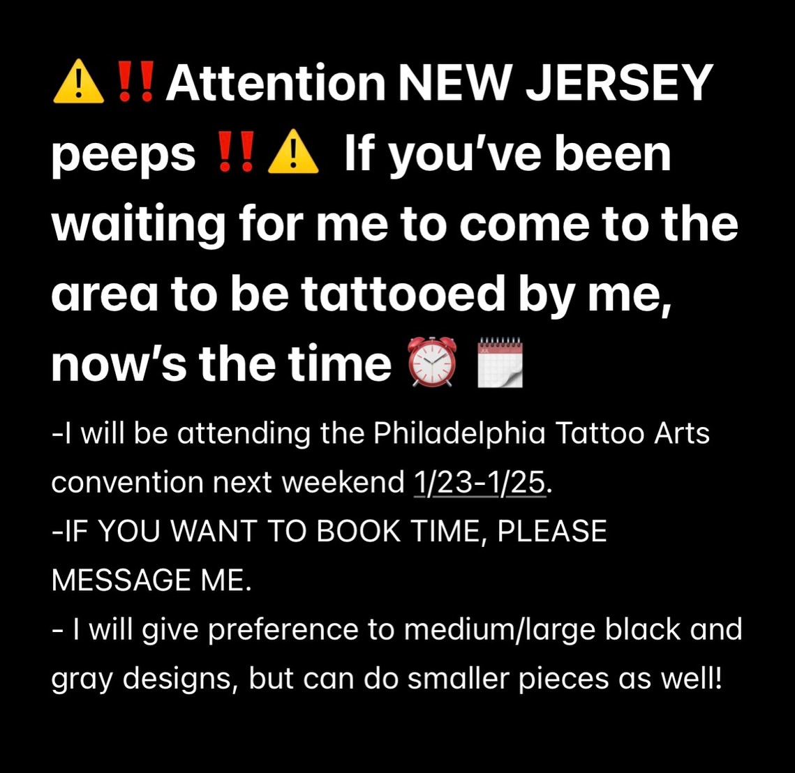 Itβs been almost 12 years since leaving New Jersey π΅ I wonβt be in state, but Philly is close!! If you still follow me βΊοΈcome get tattooed or stop by the New Addiction booth and catch up with me!