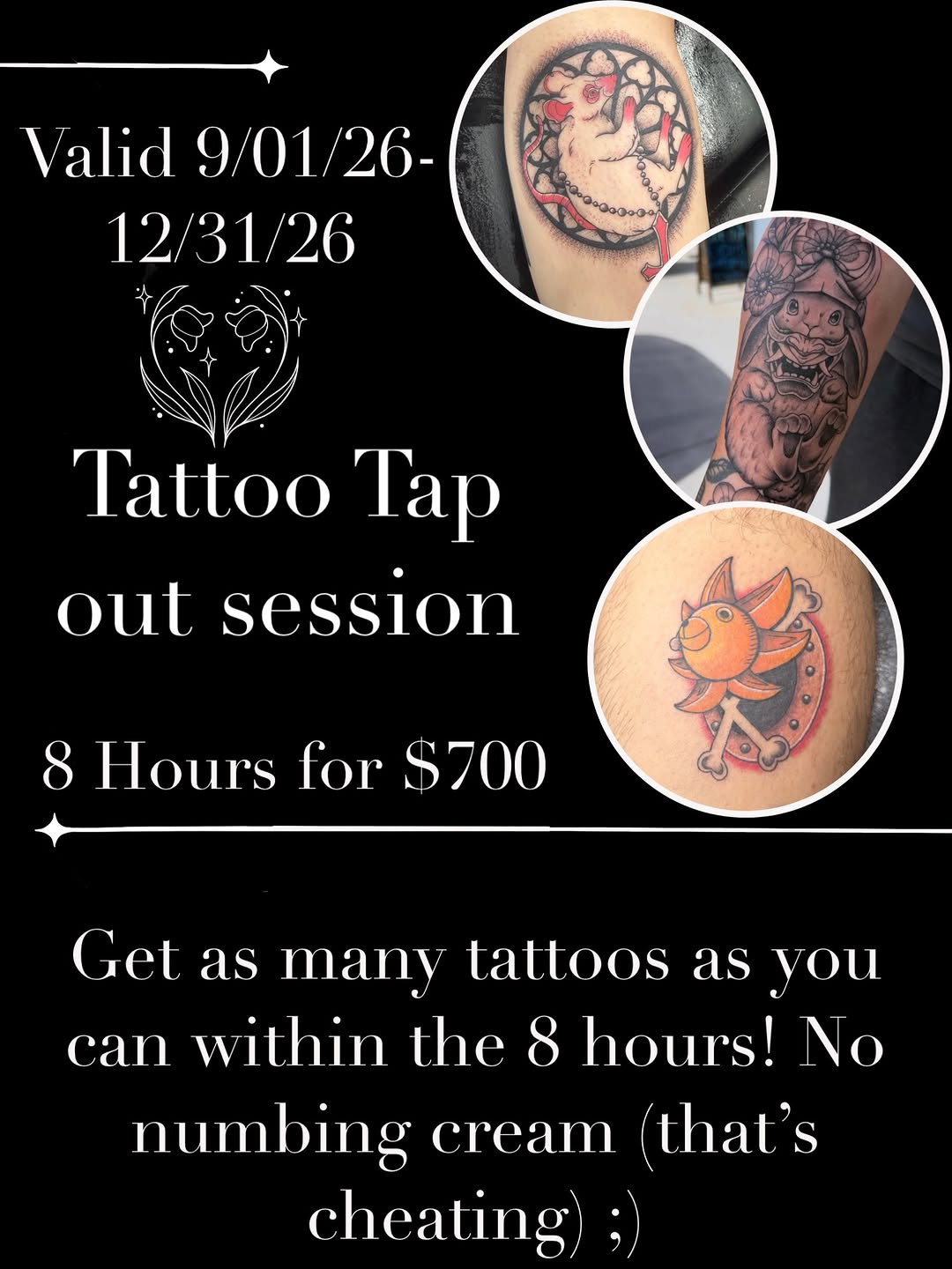 Hey guys! It’s that time of year again! TAP OUT SESSIONS! 🥳 we are getting this party started on September 1st and ending it on December 26th! These book out fast folks so be sure to shoot me a DM before they are all gone!! Limited spots available! Thank you for all of your support over the years and I appreciate each and everyone of you that get tattooed by me 💕