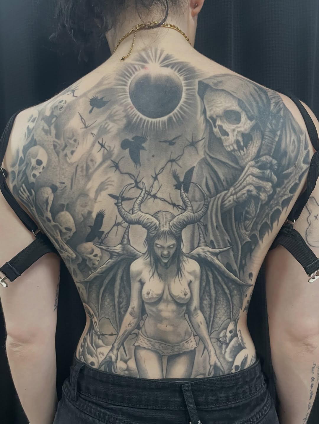 Sick back piece going down by serio_tattoos hit him up to start your large scale black and grey piece